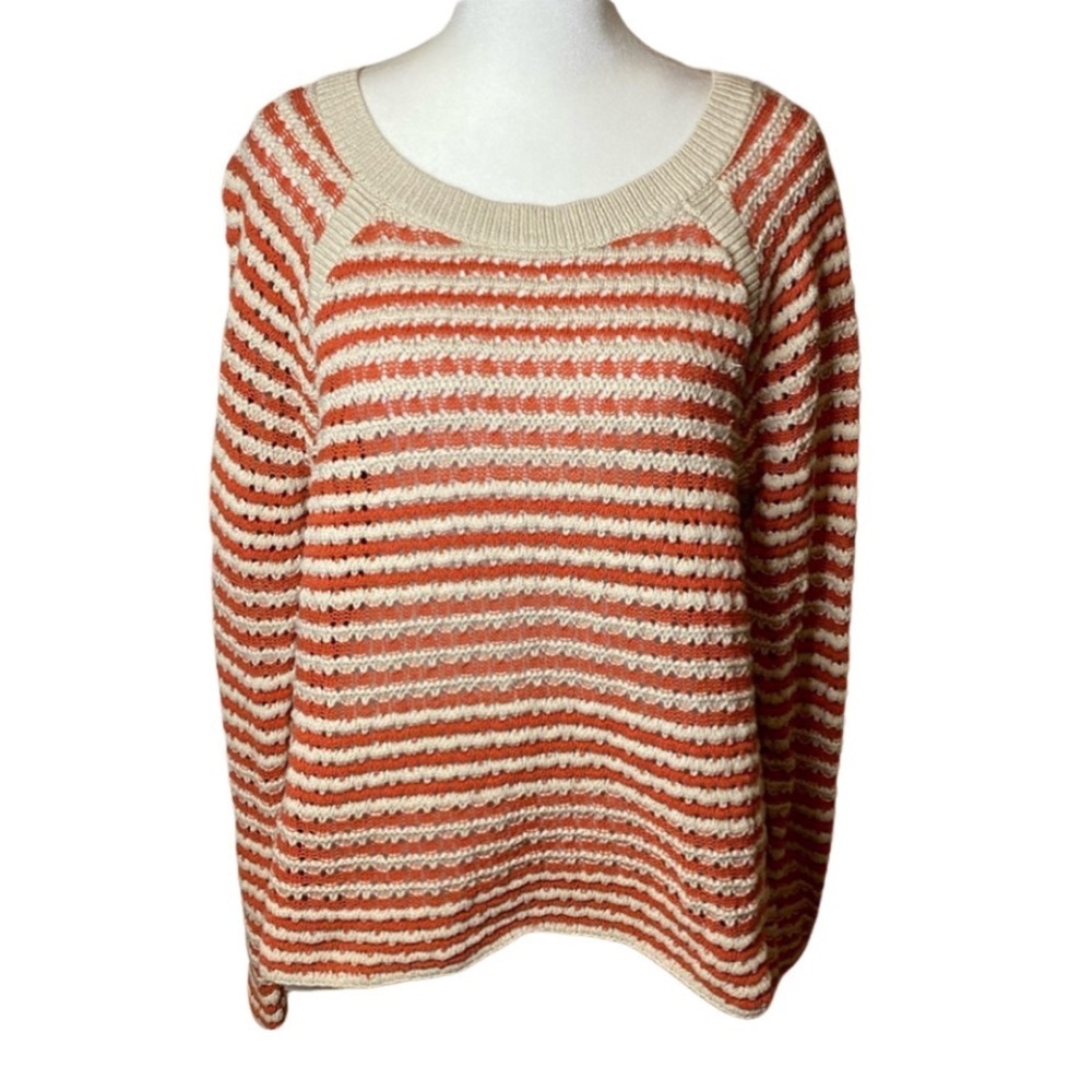 LOFT loose cableknit sweater. Size L. Orange and tan cream stripe. Round neck.